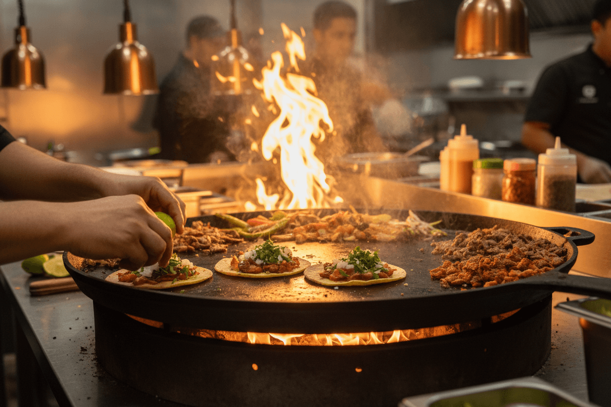 Chef preparando tacos frescos en Taqueria Obregon