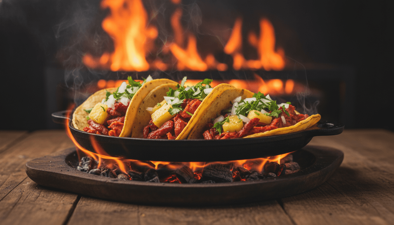 Tacos al pastor auténticos con fuego de fondo en Taqueria Obregon
