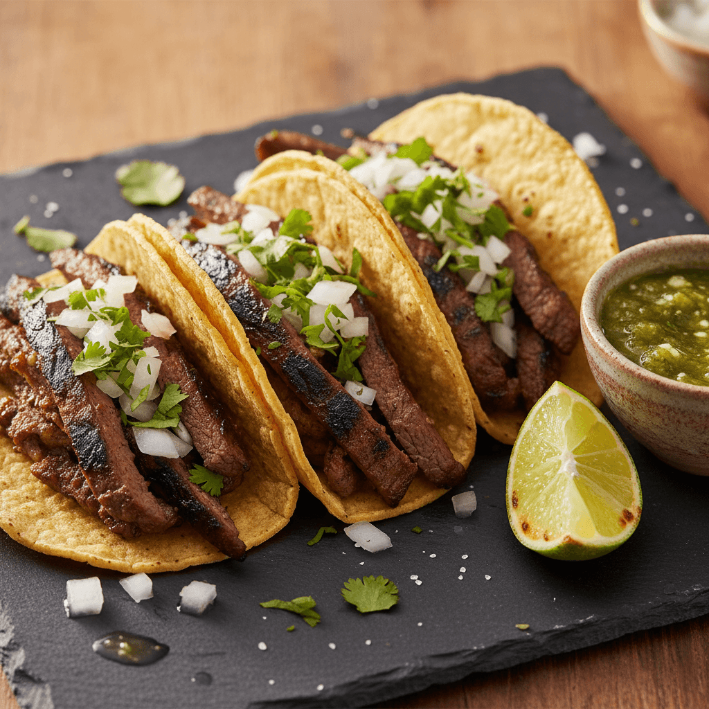 Tacos de carne asada con cilantro y cebolla
