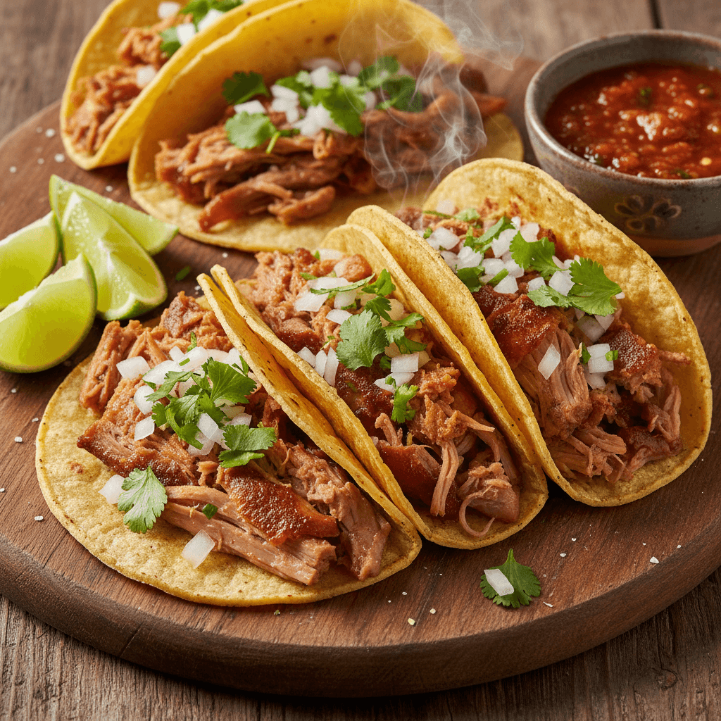 Tacos de carnitas crujientes con cebolla y cilantro
