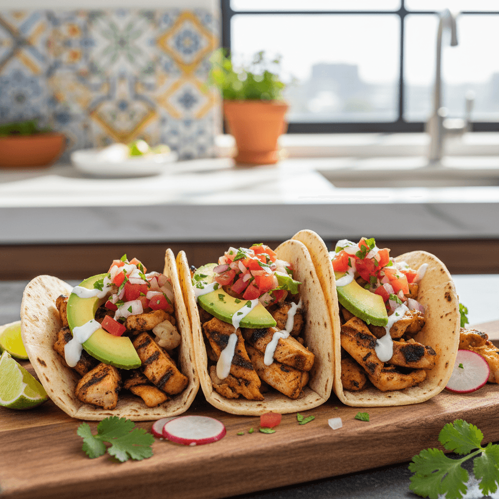 Tacos de pollo asado con aguacate y pico de gallo